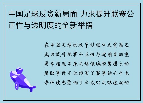 中国足球反贪新局面 力求提升联赛公正性与透明度的全新举措